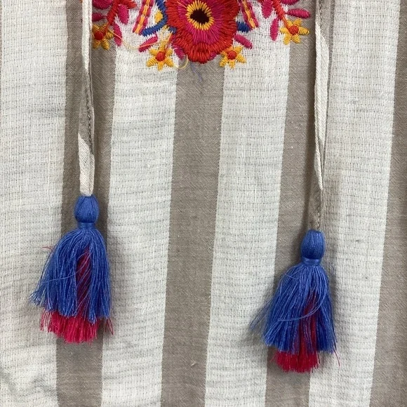 THML sleeveless tunic midi dress boho embroidered neckline tassel ties stripe M - Picture 4 of 12
